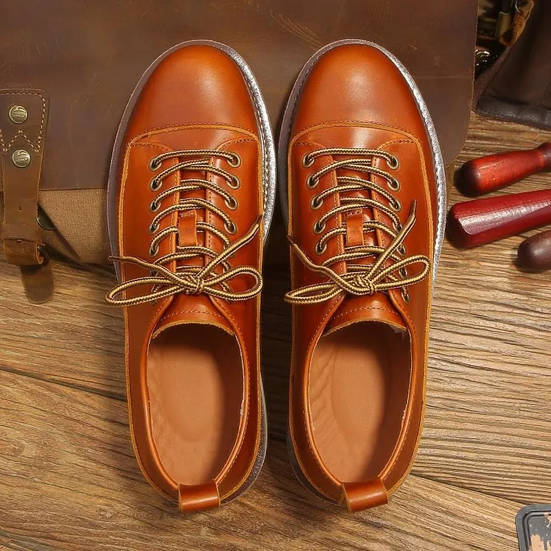 Men's British-Style Low-top Shoes Thick-Soled Leather Shoes Lace-up Casual Soft Sole Oil Wax Leather Low Heel Breathable Comfortable Round Toe Suitable