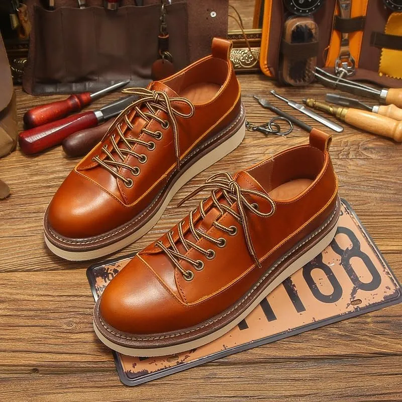 Men's British-Style Low-top Shoes Thick-Soled Leather Shoes Lace-up Casual Soft Sole Oil Wax Leather Low Heel Breathable Comfortable Round Toe Suitable