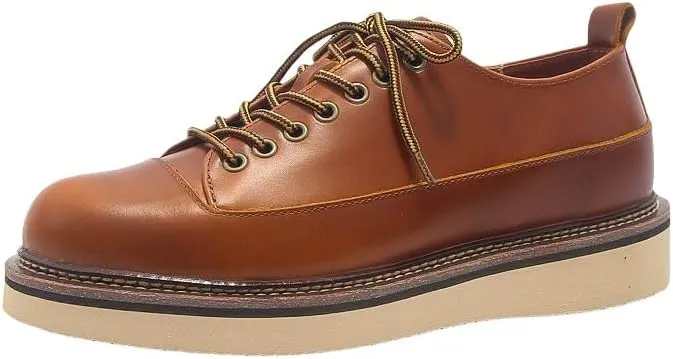 Men's British-Style Low-top Shoes Thick-Soled Leather Shoes Lace-up Casual Soft Sole Oil Wax Leather Low Heel Breathable Comfortable Round Toe Suitable