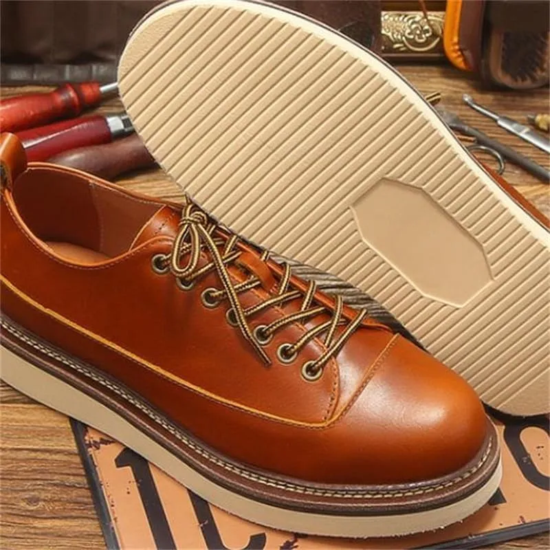 Men's British-Style Low-top Shoes Thick-Soled Leather Shoes Lace-up Casual Soft Sole Oil Wax Leather Low Heel Breathable Comfortable Round Toe Suitable