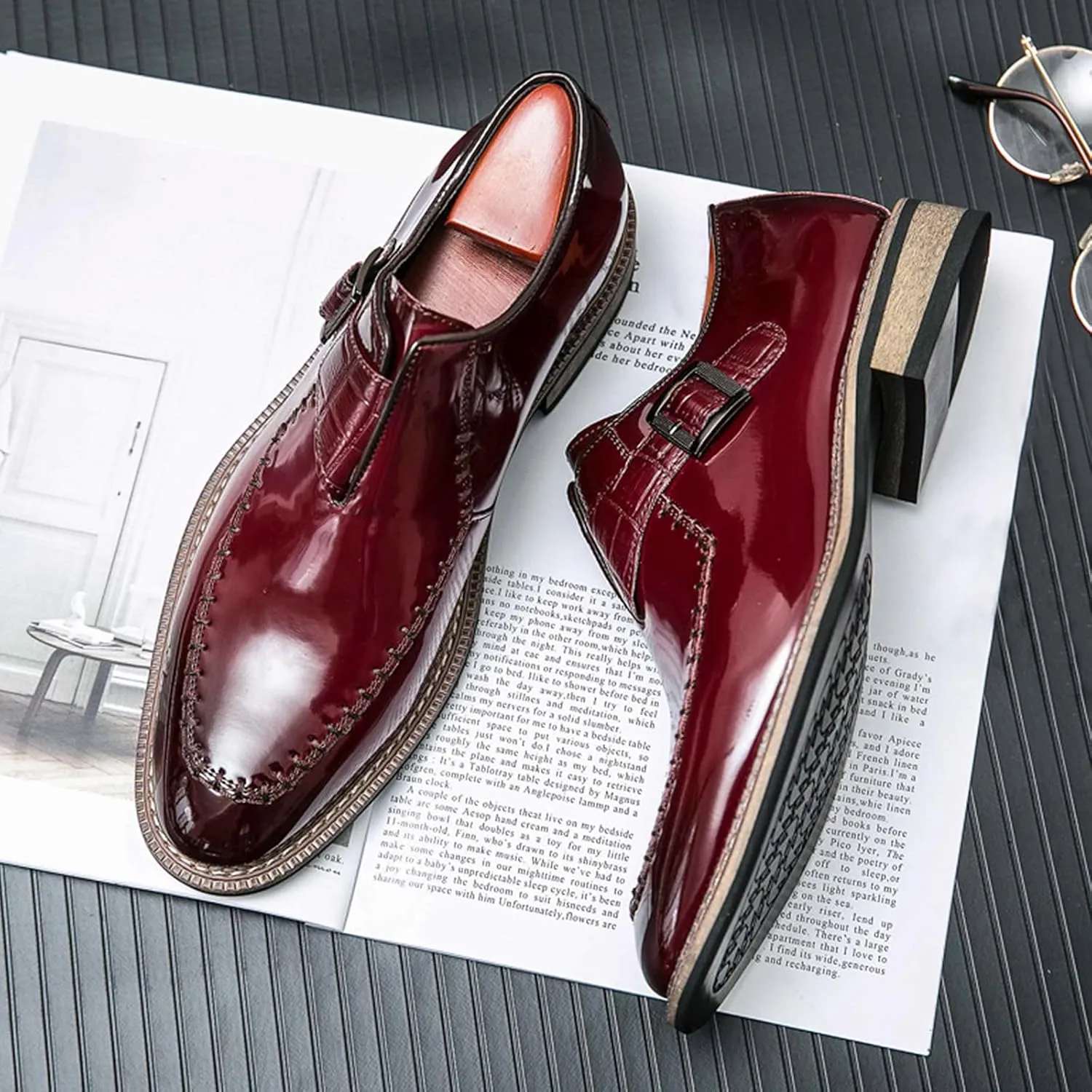 Men's Dress Shoes Single Monk Strap Comfort Non-Slip Leather Walking Shoes Business Wedding Party Dress Shoes Slip-On Loafer