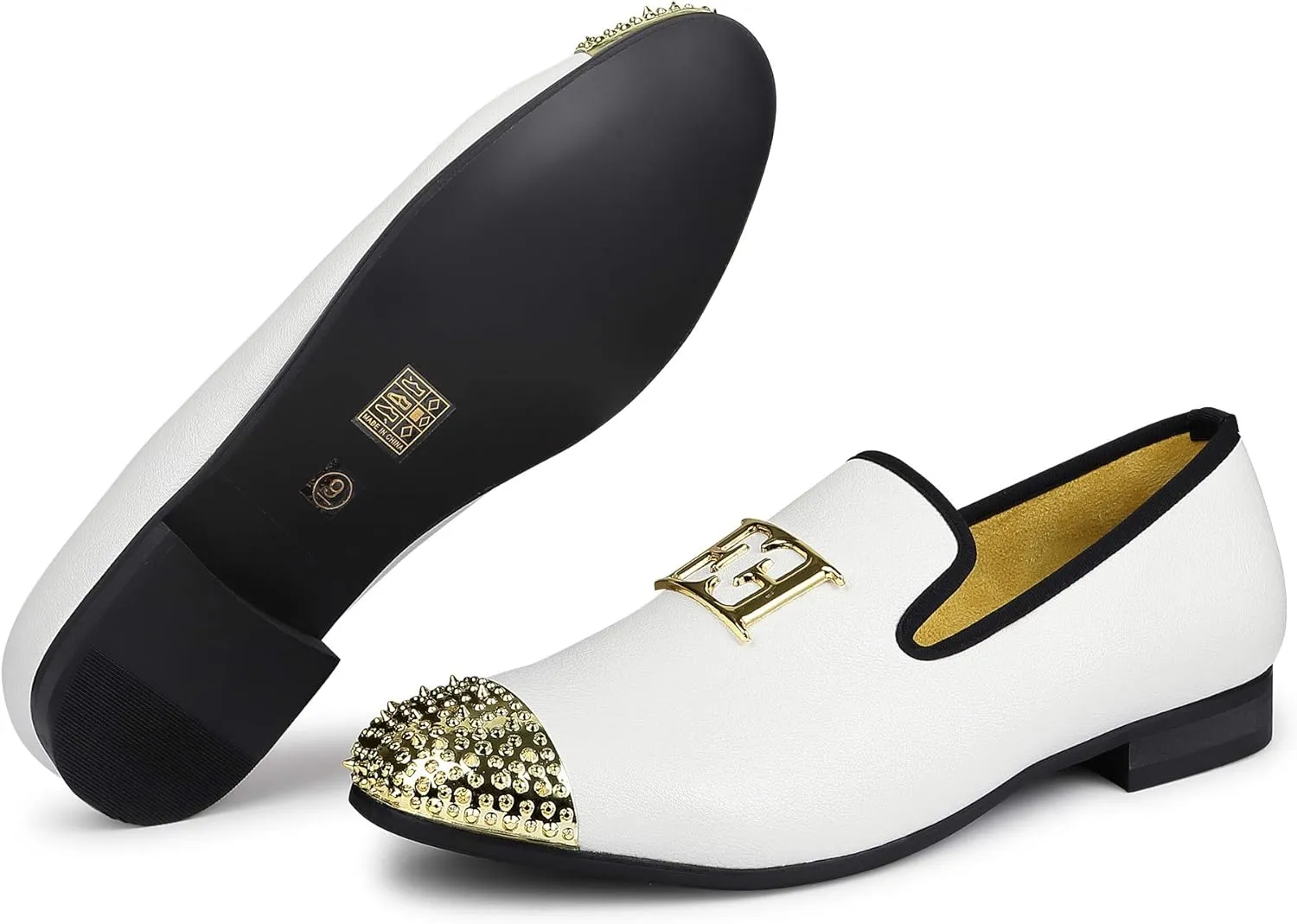 Mens Leather Loafers Spiked Dress Shoes with Gold Buckle Penny Slip-On Luxury Men Wedding Party Prom Shoes