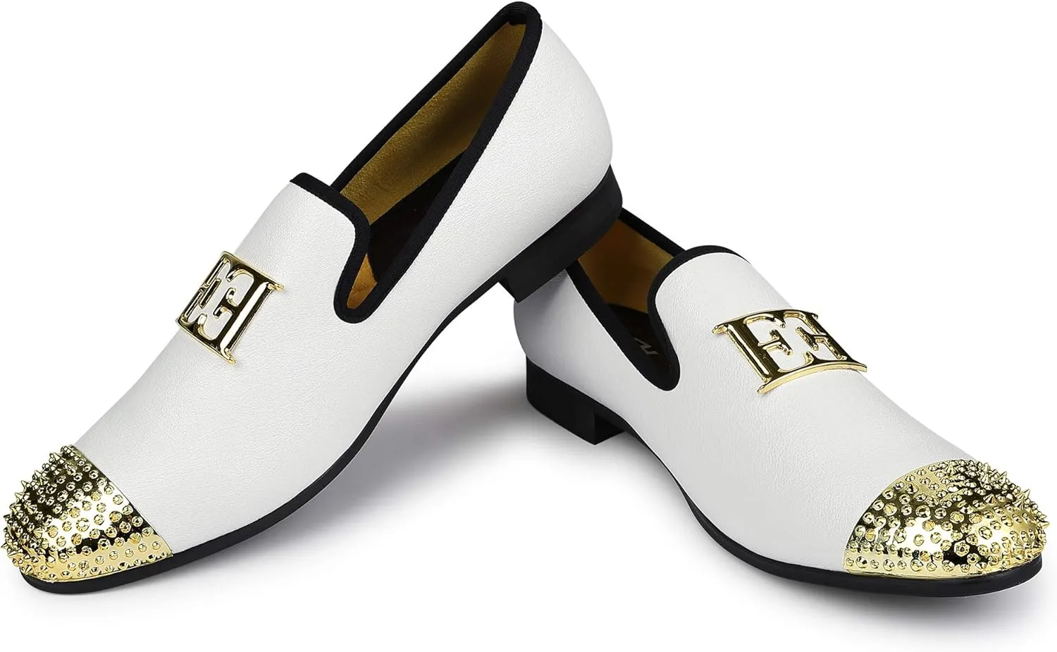 Mens Leather Loafers Spiked Dress Shoes with Gold Buckle Penny Slip-On Luxury Men Wedding Party Prom Shoes