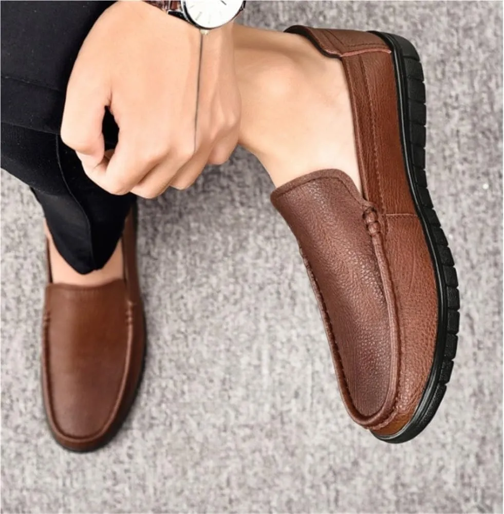 Mens Leather Slip On Lightweight Loafers Simple Moccasins Flexible Flat Heel Comfortable Walking Casual Shoes