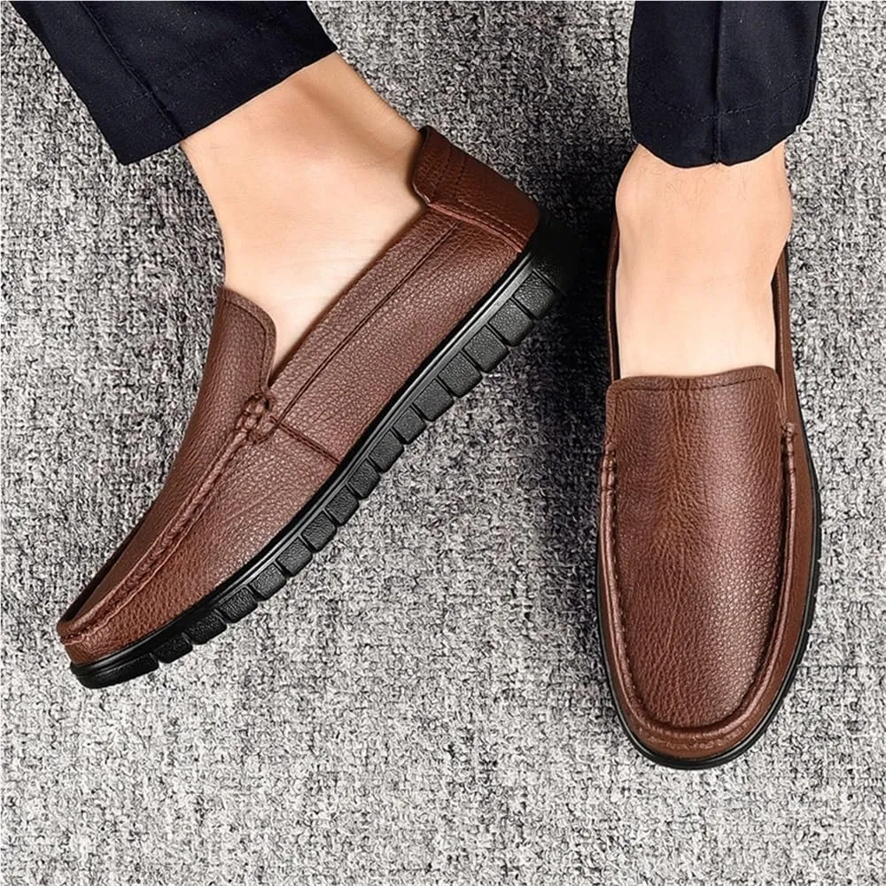 Mens Leather Slip On Lightweight Loafers Simple Moccasins Flexible Flat Heel Comfortable Walking Casual Shoes
