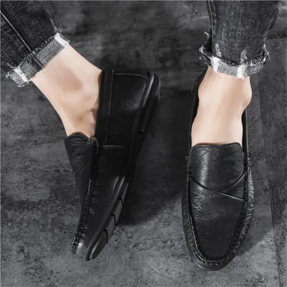 Mens Loafers Slip On Round Toe PU Leather Moccasins Lightweight Comfortable Casual Shoes Solid Color Classic Driving