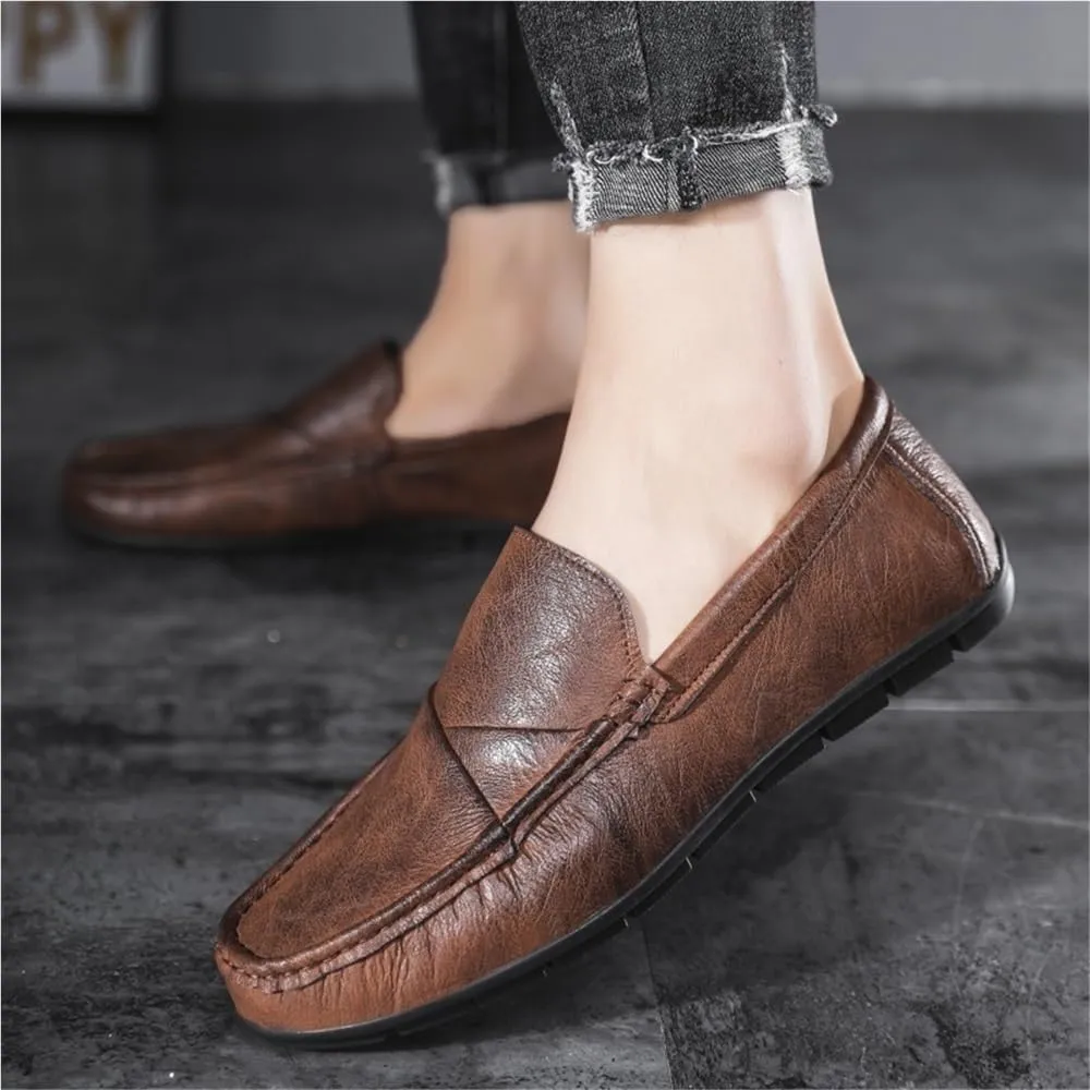 Mens Loafers Slip On Round Toe PU Leather Moccasins Lightweight Comfortable Casual Shoes Solid Color Classic Driving