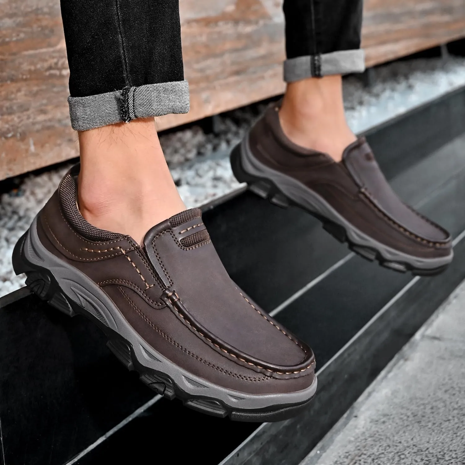Men's Orthopedic Walking Shoes Genuine Leather Slip On Loafers, Comfortable Non-Slip Driving Loafers for Men