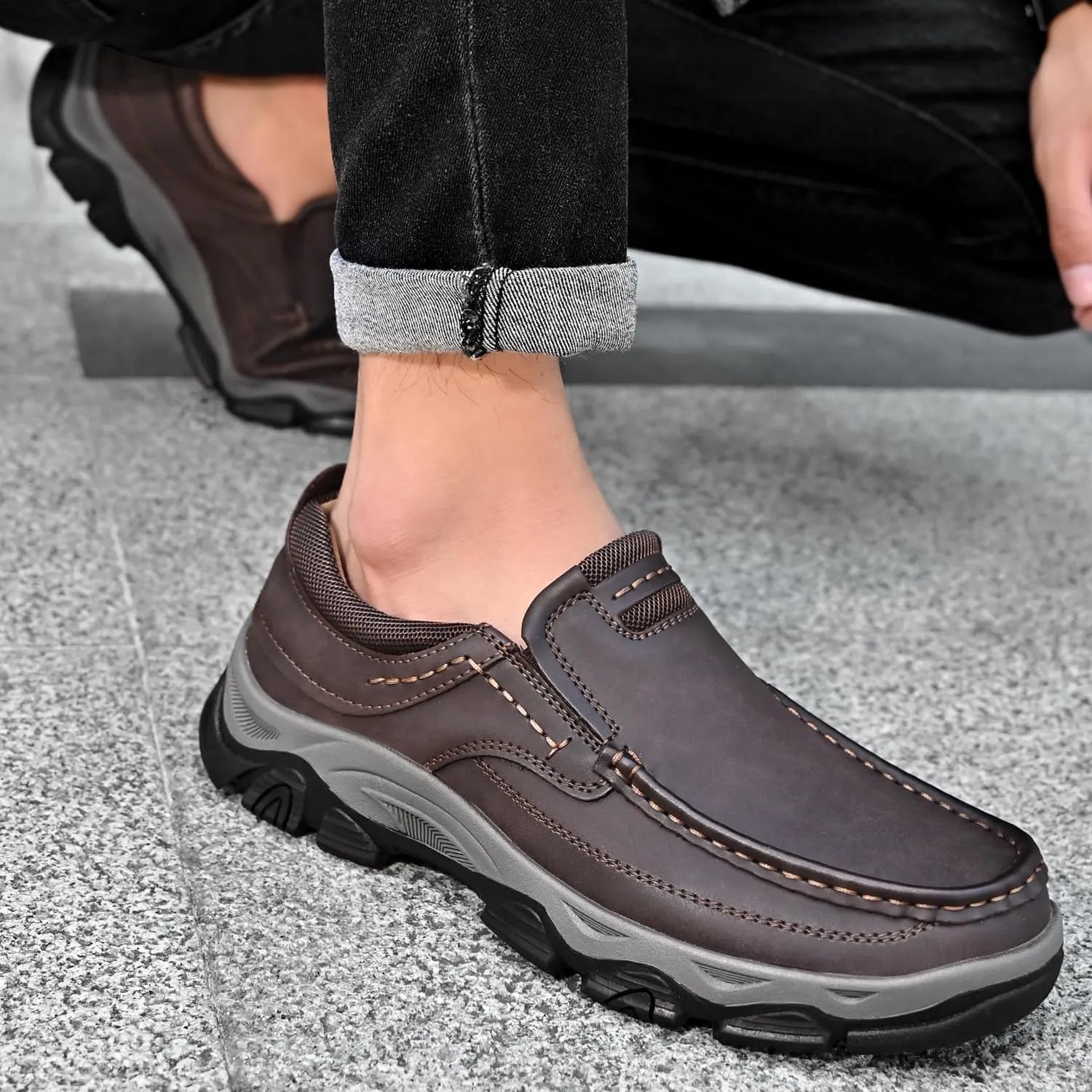 Men's Orthopedic Walking Shoes Genuine Leather Slip On Loafers, Comfortable Non-Slip Driving Loafers for Men