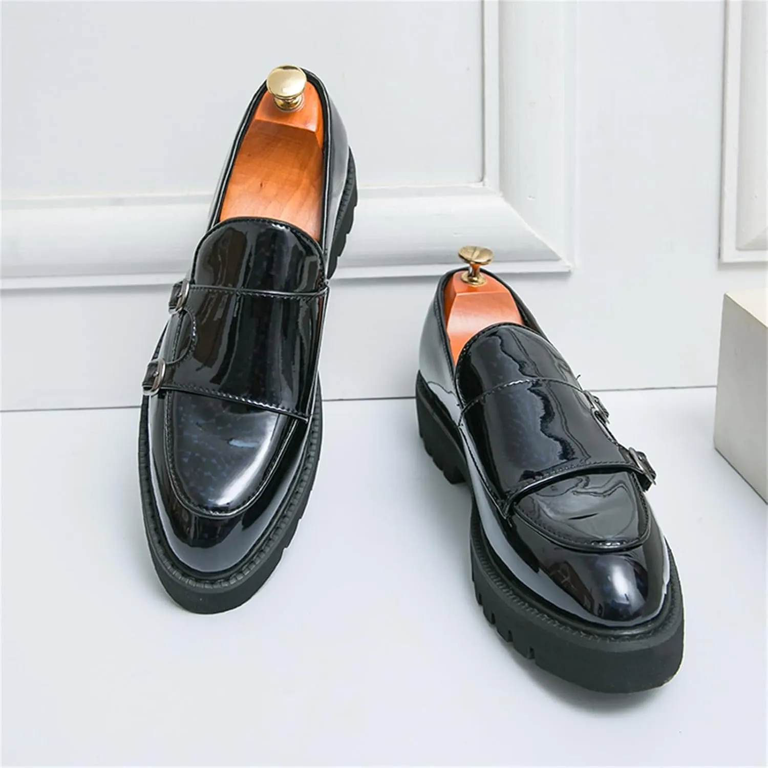 Mens Patent Leather Platform Slip On Loafers with Double Monk Strap Fashion Lug Sole Dress Shoes for Formal Business Party Wedding