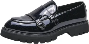 Mens Patent Leather Platform Slip On Loafers with Double Monk Strap Fashion Lug Sole Dress Shoes for Formal Business Party Wedding