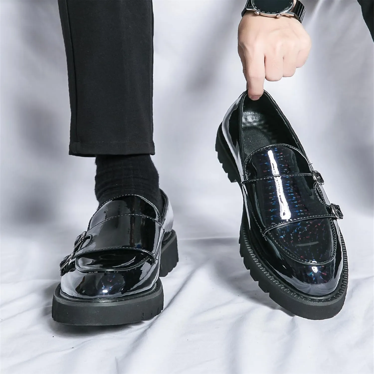 Mens Patent Leather Platform Slip On Loafers with Double Monk Strap Fashion Lug Sole Dress Shoes for Formal Business Party Wedding