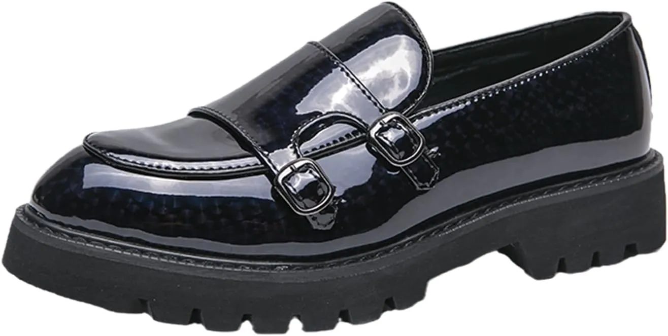Mens Patent Leather Platform Slip On Loafers with Double Monk Strap Fashion Lug Sole Dress Shoes for Formal Business Party Wedding