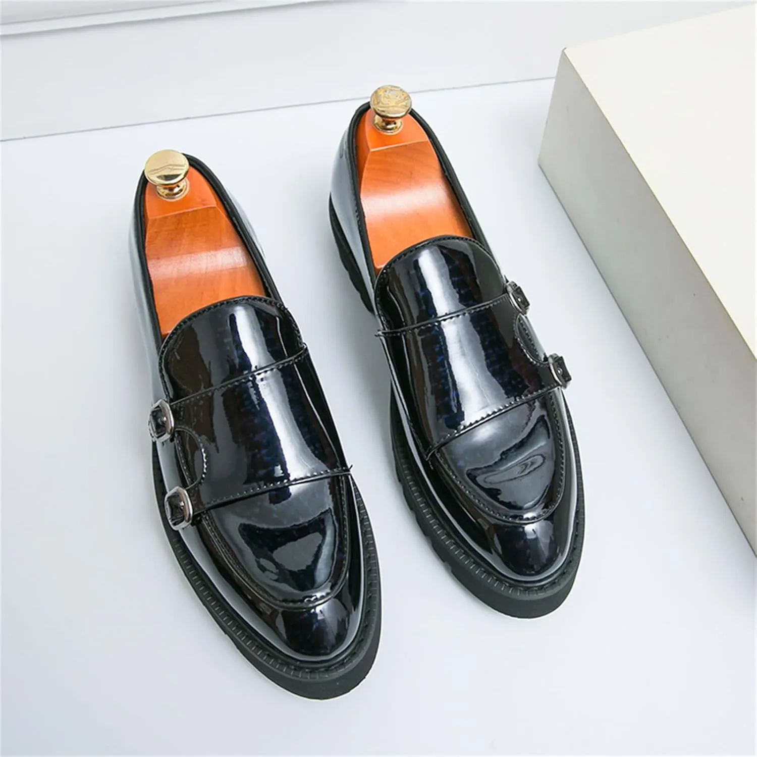 Mens Patent Leather Platform Slip On Loafers with Double Monk Strap Fashion Lug Sole Dress Shoes for Formal Business Party Wedding