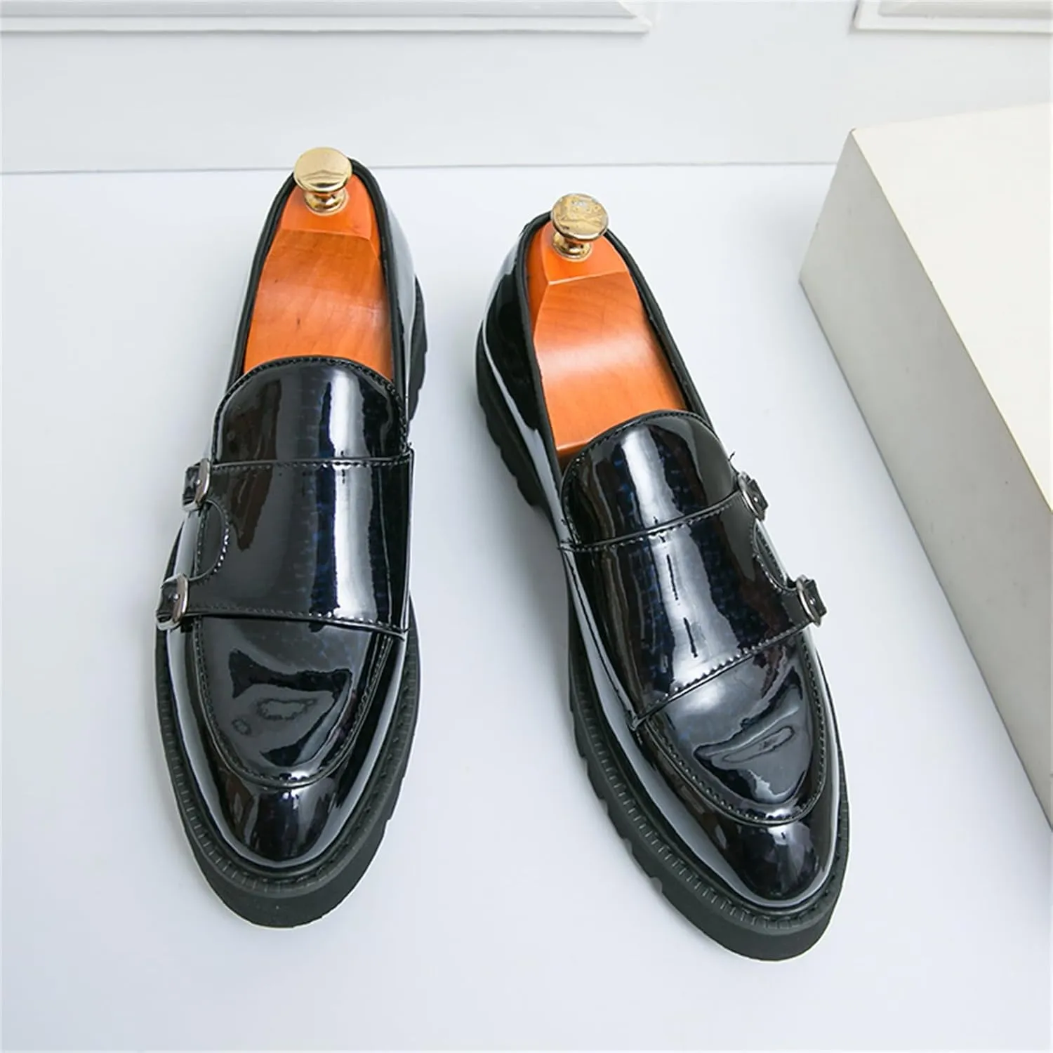 Mens Patent Leather Platform Slip On Loafers with Double Monk Strap Fashion Lug Sole Dress Shoes for Formal Business Party Wedding