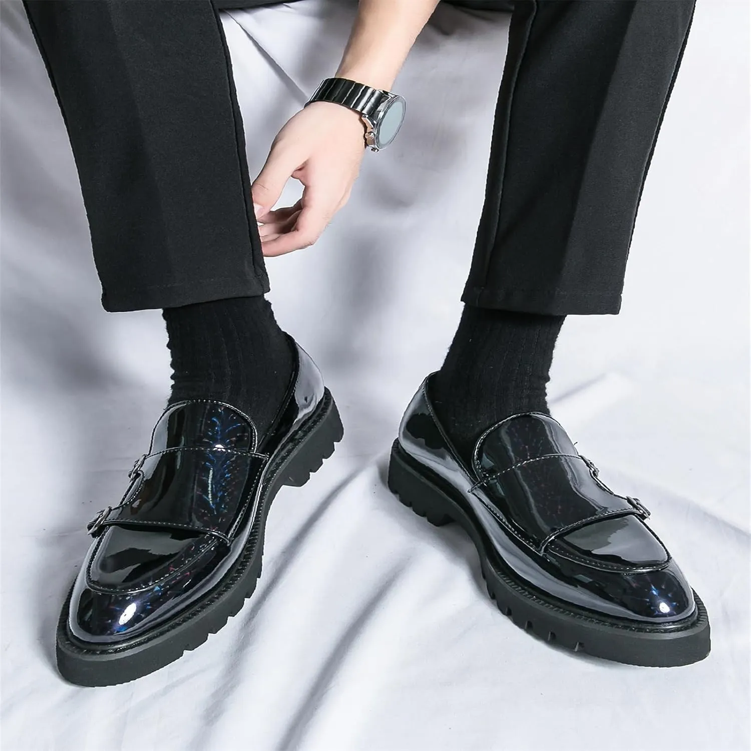Mens Patent Leather Platform Slip On Loafers with Double Monk Strap Fashion Lug Sole Dress Shoes for Formal Business Party Wedding