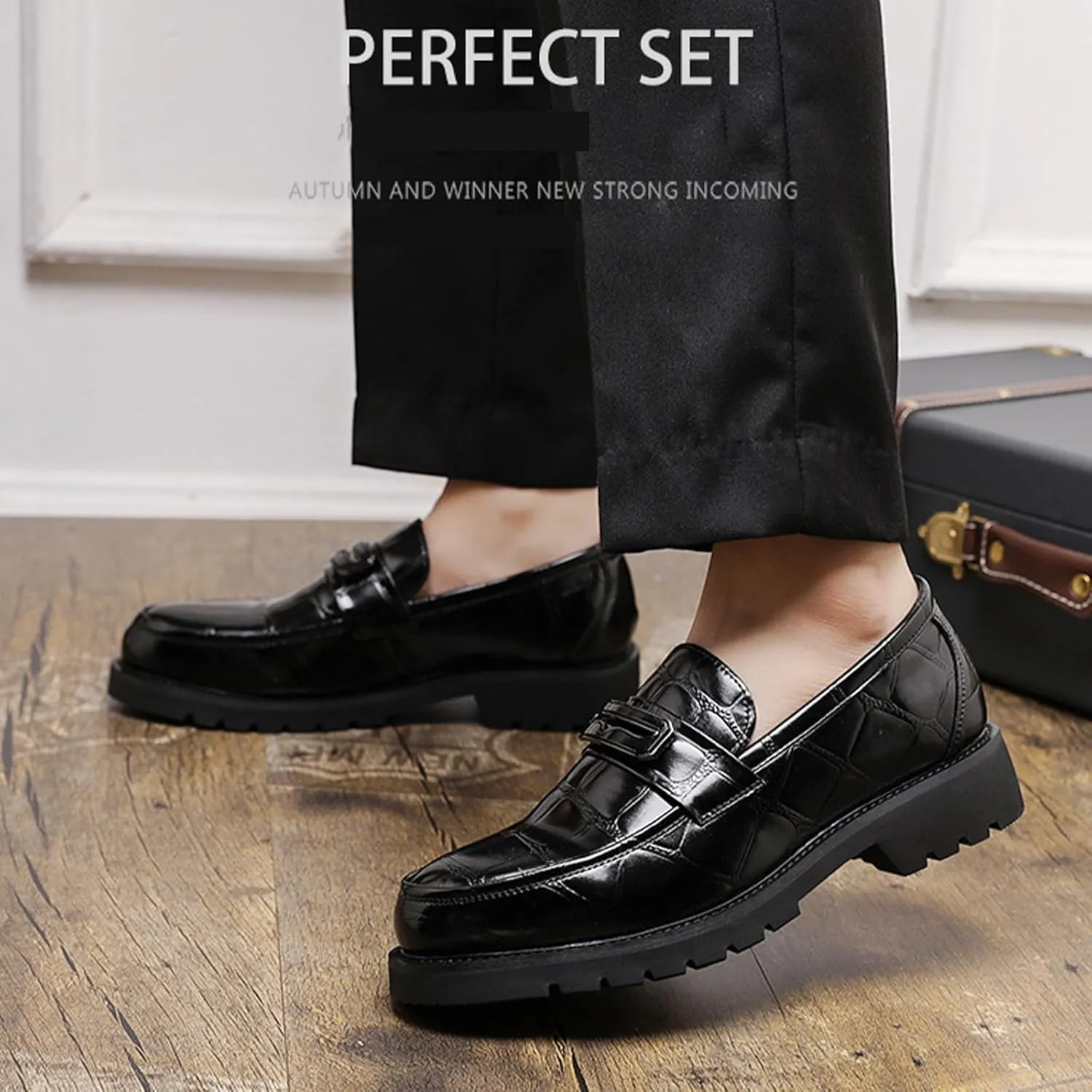 Men's Patent Leather Printing Slip On Platform Loafers Comfort Round Toe Non-Slip Lug Sole Business Dress Shoes Fashion Causal Party Wedding Prom Work Shoes