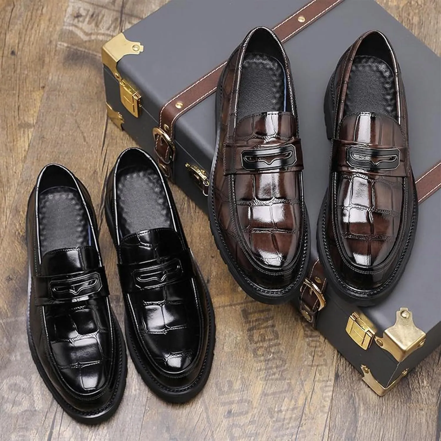 Men's Patent Leather Printing Slip On Platform Loafers Comfort Round Toe Non-Slip Lug Sole Business Dress Shoes Fashion Causal Party Wedding Prom Work Shoes