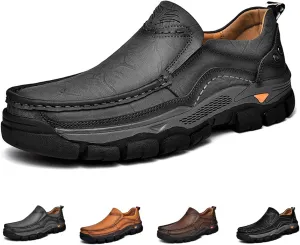 Men's Thick Bottom Slip on Leather Loafer,Hand Stitching Comfort Anti Slip Moccasins Casual Walking Shoes Outdoor Hiking Driving Work Office Dress Men Classic Leisure Sneakers