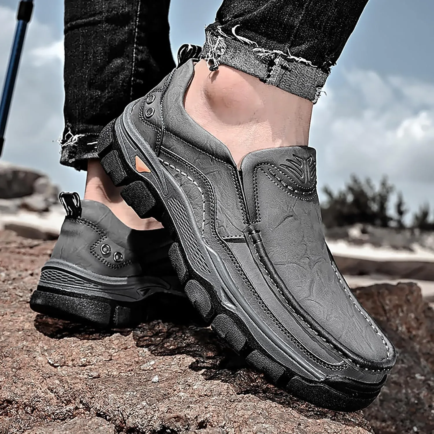 Men's Thick Bottom Slip on Leather Loafer,Hand Stitching Comfort Anti Slip Moccasins Casual Walking Shoes Outdoor Hiking Driving Work Office Dress Men Classic Leisure Sneakers