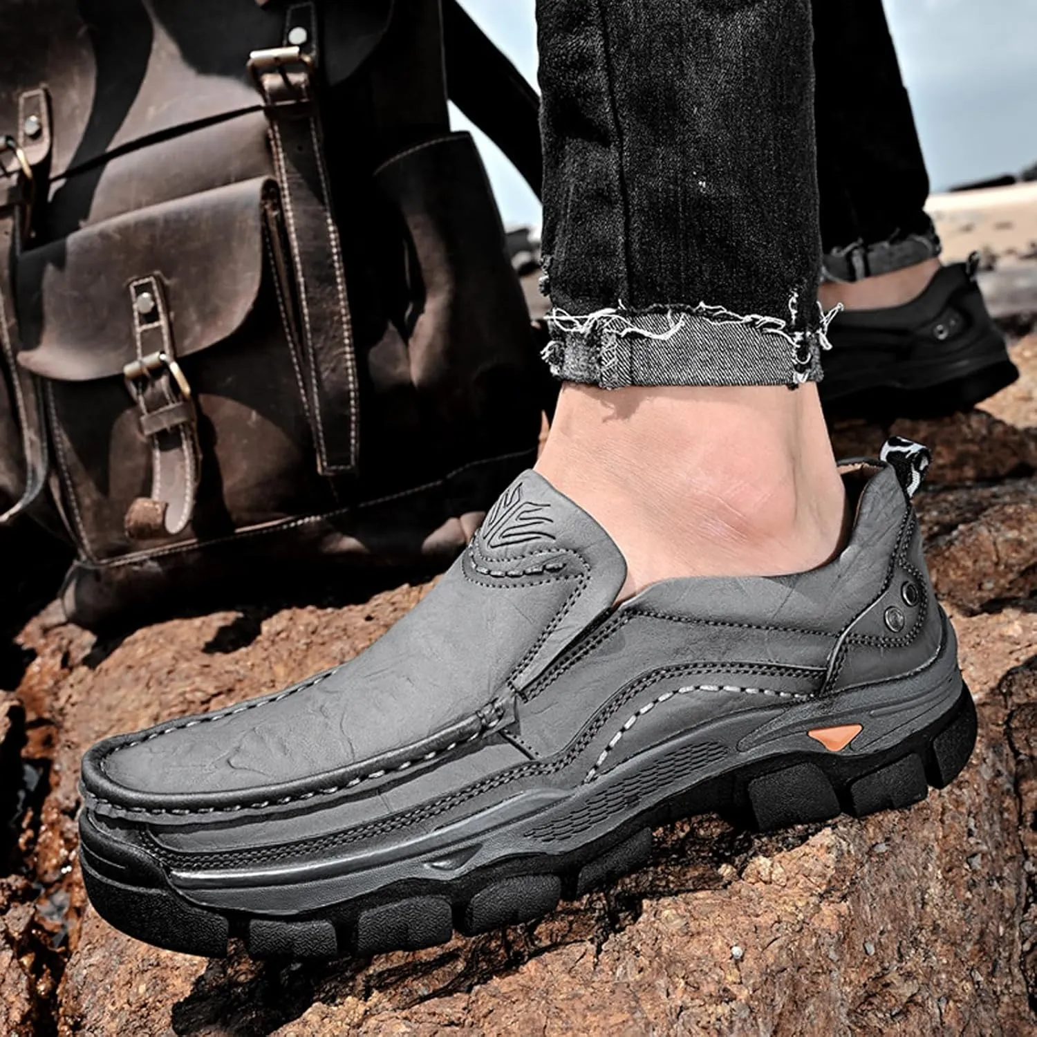 Men's Thick Bottom Slip on Leather Loafer,Hand Stitching Comfort Anti Slip Moccasins Casual Walking Shoes Outdoor Hiking Driving Work Office Dress Men Classic Leisure Sneakers