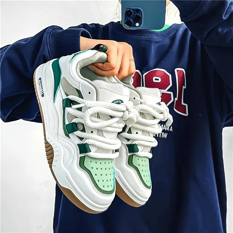 Men's Trendy Street Style Skate Shoes, Comfy Non Slip Lace Up Casual Platform Shoes for Outdoor Activities
