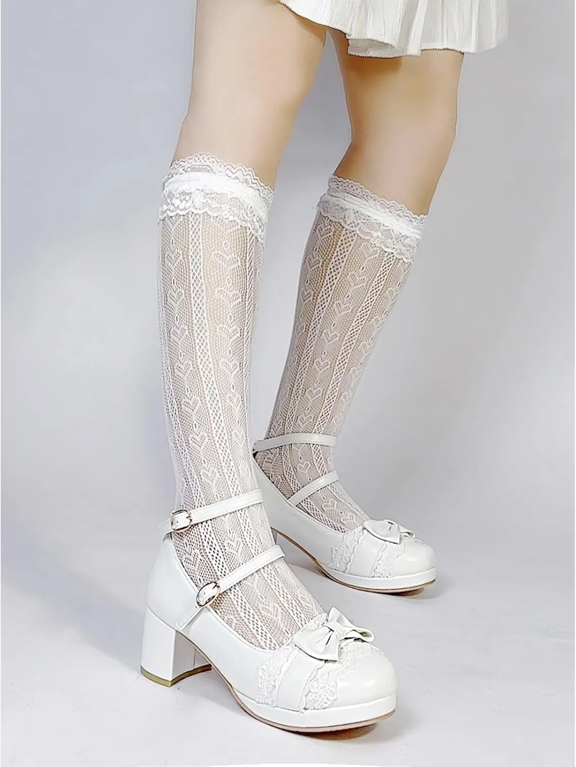 MEOTINA Cute Bow Heels Mary Janes Shoes Women Dress Platform Strappy High Heels Kawaii Shoes