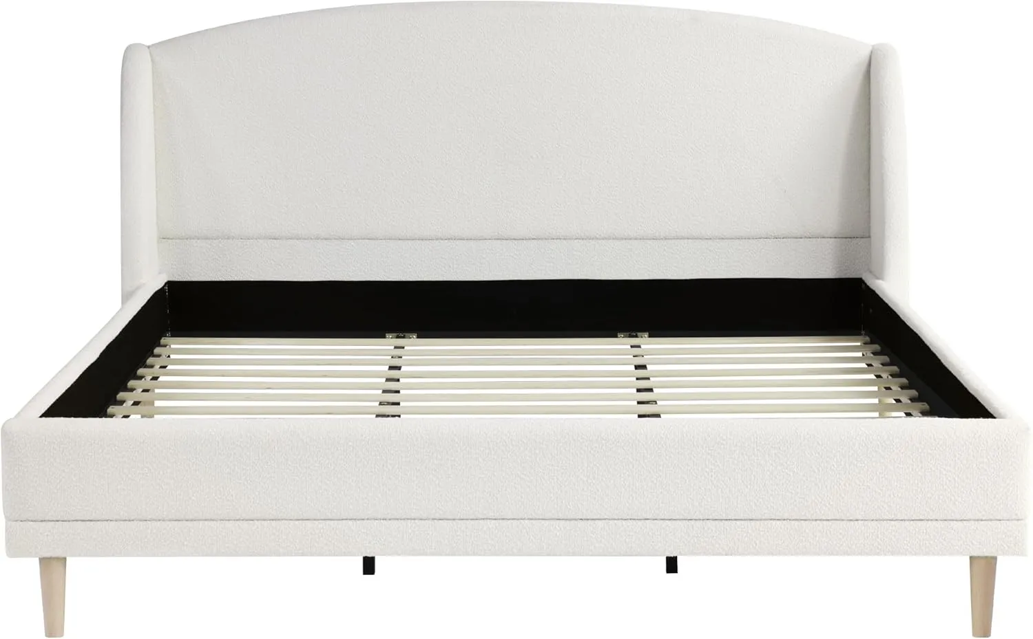 Merax King Size Upholstered Platform Bed, Boucle Fabric and Wingback Headboard, Rounded Corners, White
