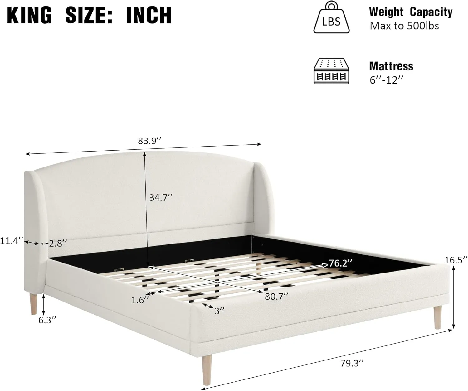 Merax King Size Upholstered Platform Bed, Boucle Fabric and Wingback Headboard, Rounded Corners, White