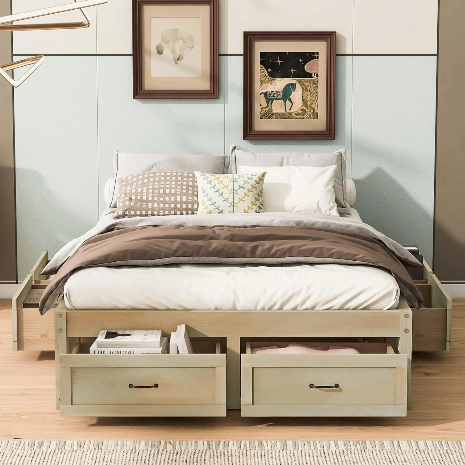 Merax Platform Bed, Full Size Wooden Bed Frame with 6 Storage Drawers, Without Headboard Design, Wood Slat Support, No Box Spring Needed, Easy Assembly, Antique Natural