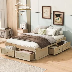 Merax Platform Bed, Full Size Wooden Bed Frame with 6 Storage Drawers, Without Headboard Design, Wood Slat Support, No Box Spring Needed, Easy Assembly, Antique Natural