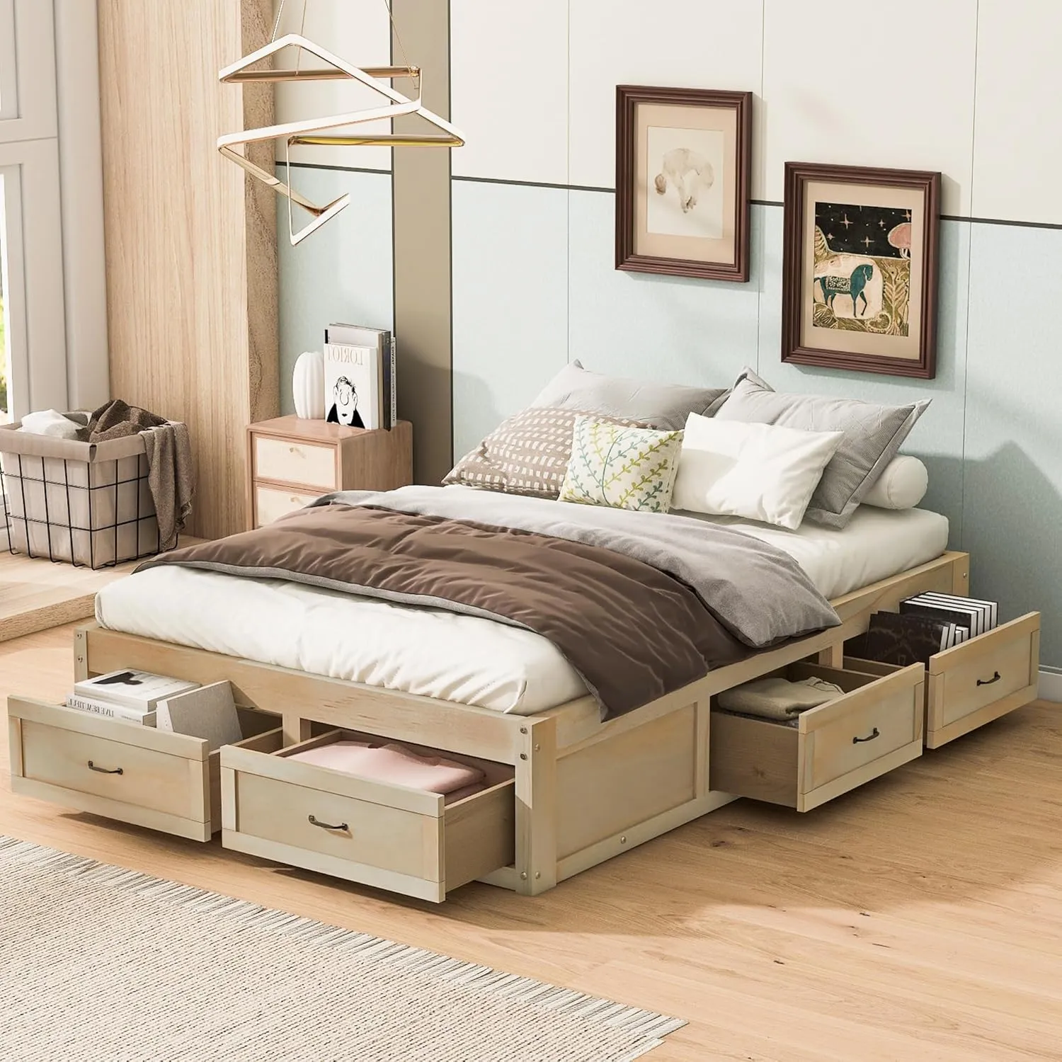 Merax Platform Bed, Full Size Wooden Bed Frame with 6 Storage Drawers, Without Headboard Design, Wood Slat Support, No Box Spring Needed, Easy Assembly, Antique Natural
