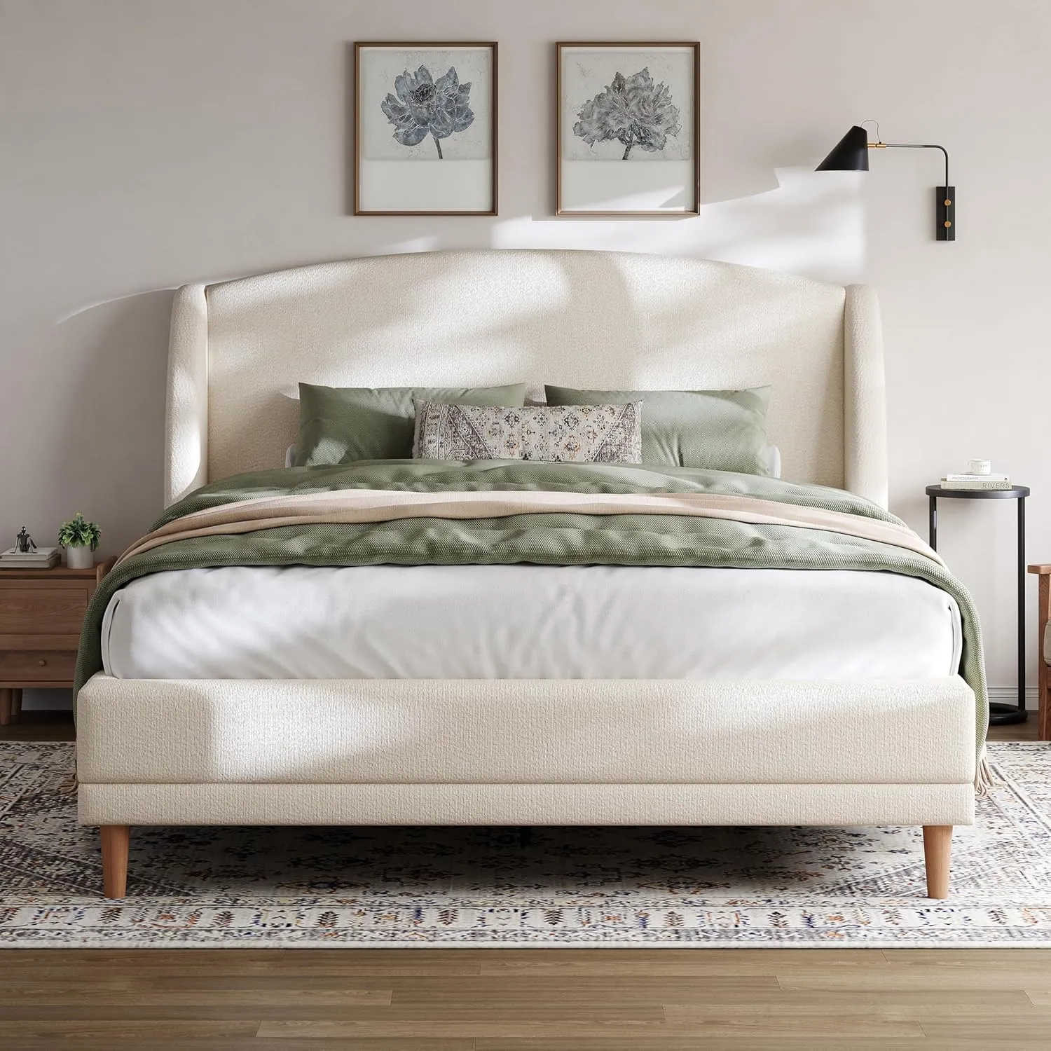 Merax Queen Size Upholstered Platform Bed, Boucle Fabric and Wingback Headboard, Rounded Corners, White