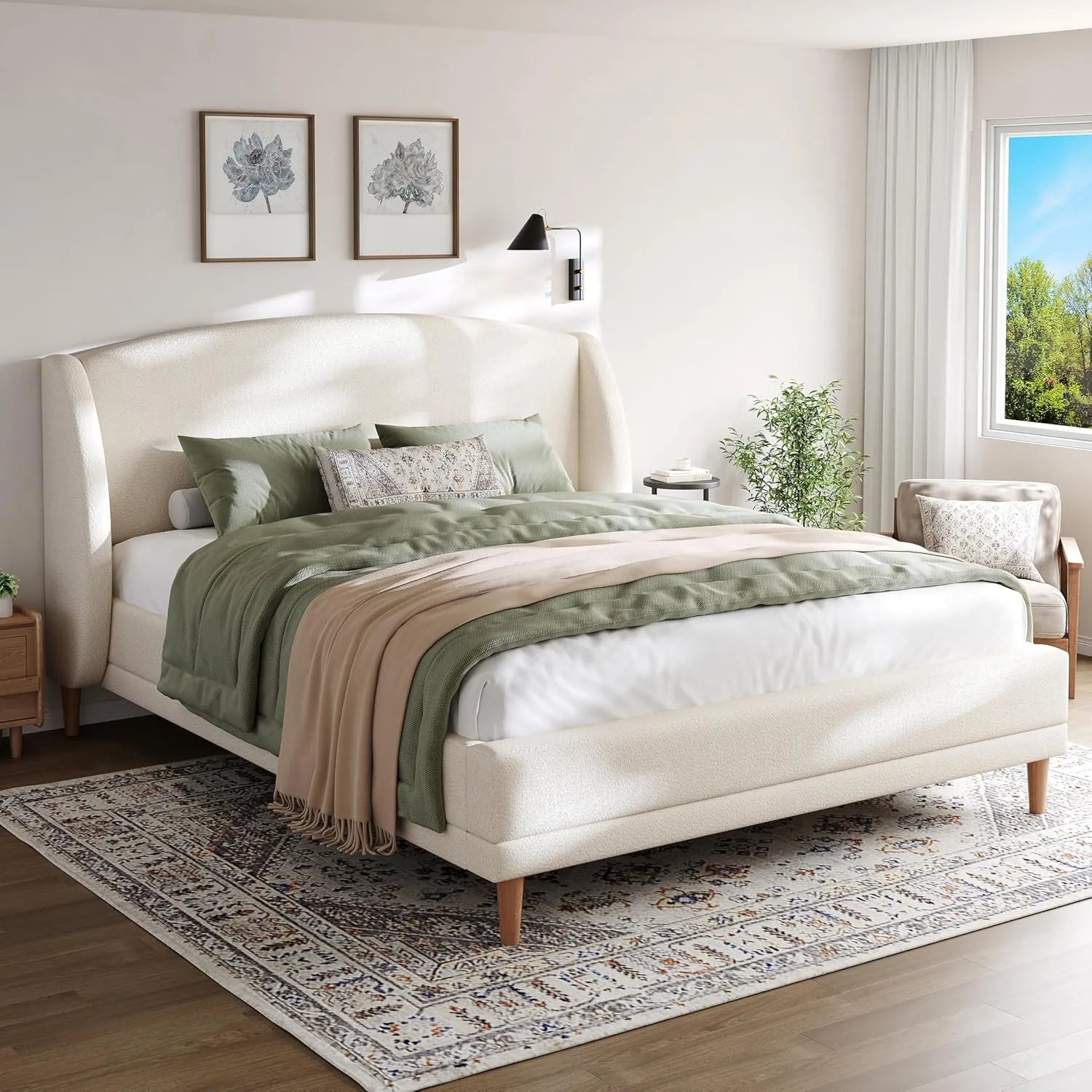 Merax Queen Size Upholstered Platform Bed, Boucle Fabric and Wingback Headboard, Rounded Corners, White