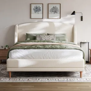 Merax Queen Size Upholstered Platform Bed, Boucle Fabric and Wingback Headboard, Rounded Corners, White