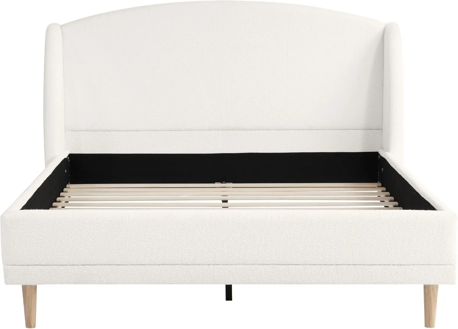 Merax Queen Size Upholstered Platform Bed, Boucle Fabric and Wingback Headboard, Rounded Corners, White