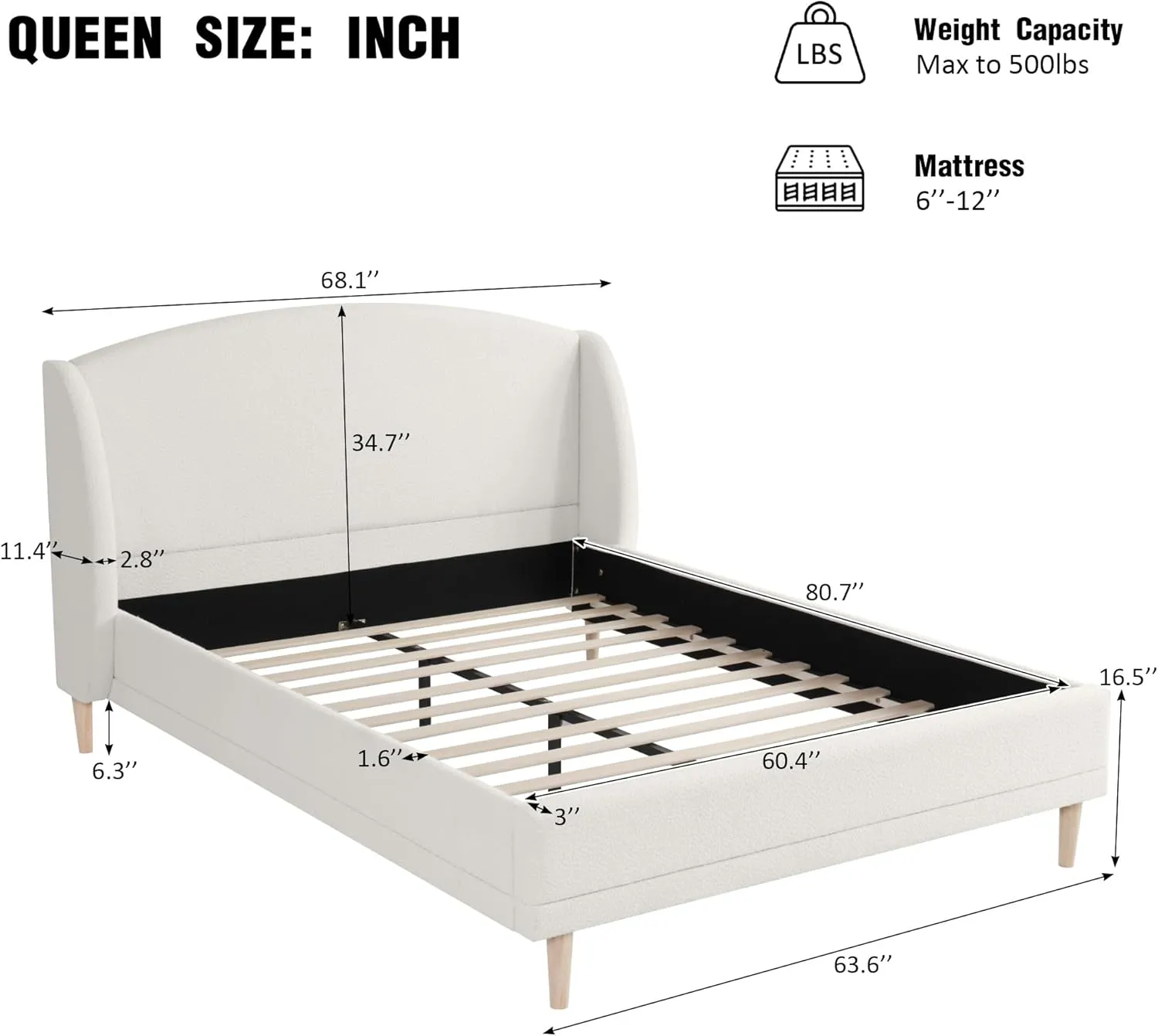 Merax Queen Size Upholstered Platform Bed, Boucle Fabric and Wingback Headboard, Rounded Corners, White
