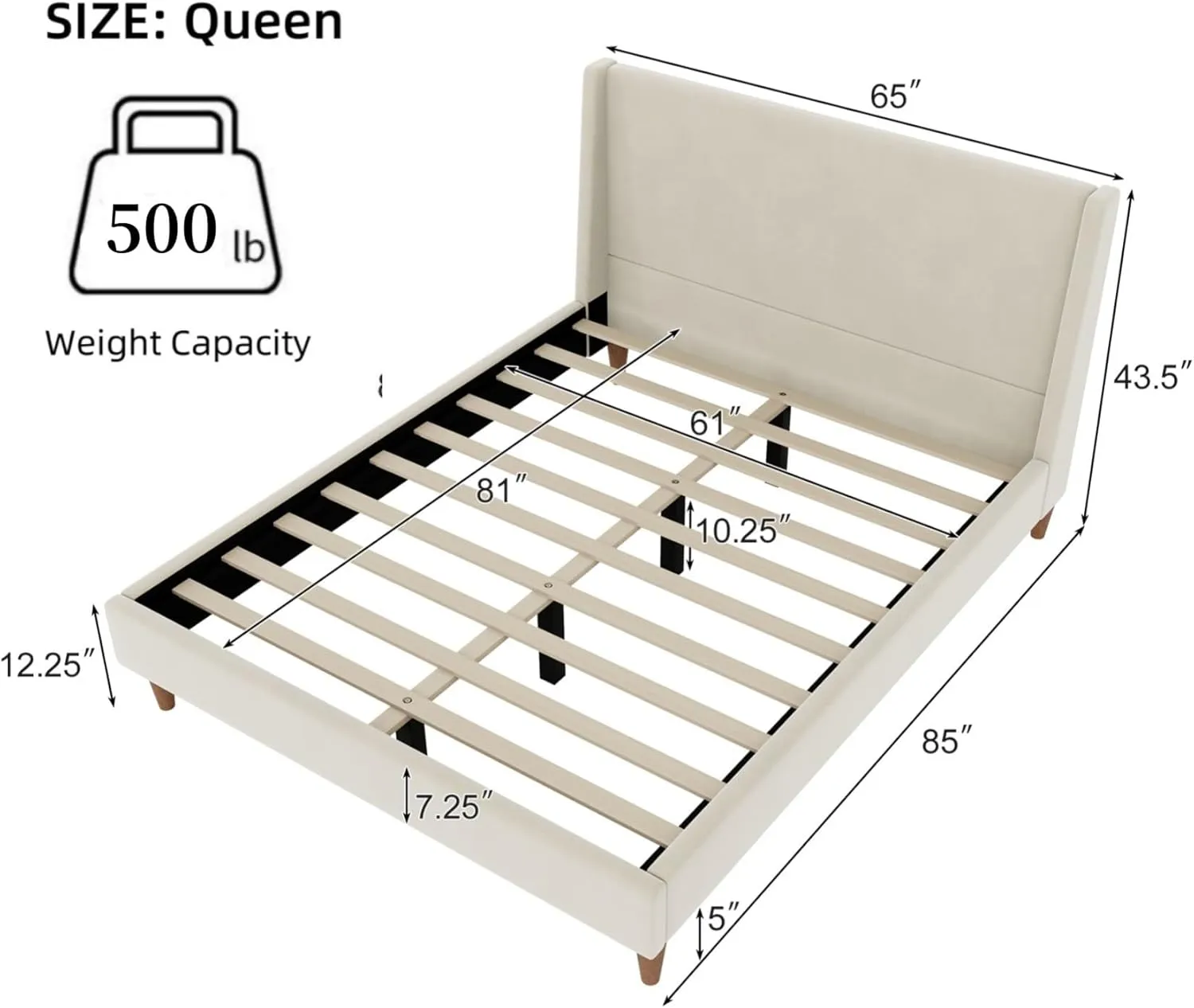 Merax Velvet Queen Size Bed Frame with Wingback Headboard, Solid Wood Upholstered Platform with Round Legs, No Box Spring Needed, Cream