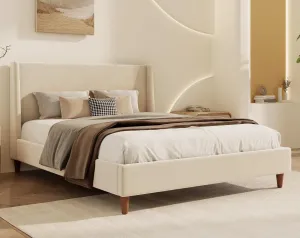 Merax Velvet Queen Size Bed Frame with Wingback Headboard, Solid Wood Upholstered Platform with Round Legs, No Box Spring Needed, Cream