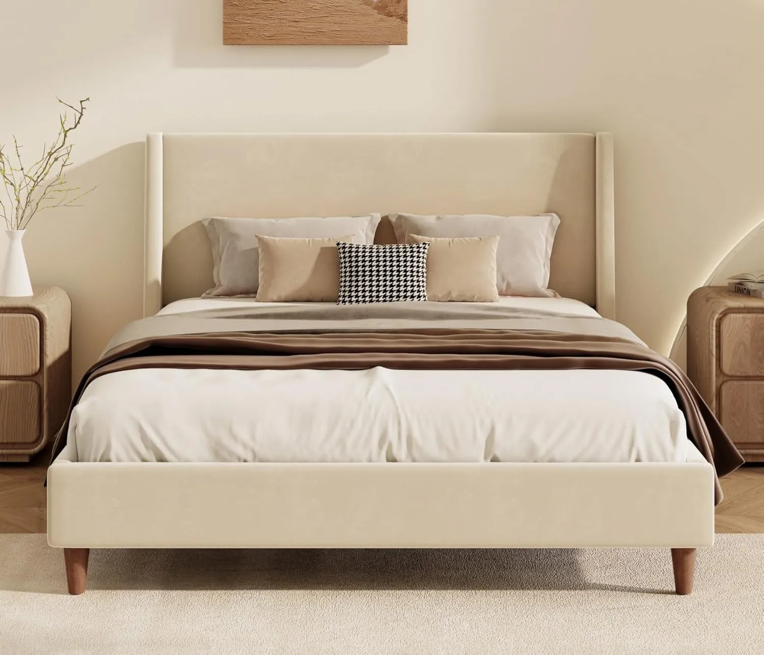 Merax Velvet Queen Size Bed Frame with Wingback Headboard, Solid Wood Upholstered Platform with Round Legs, No Box Spring Needed, Cream