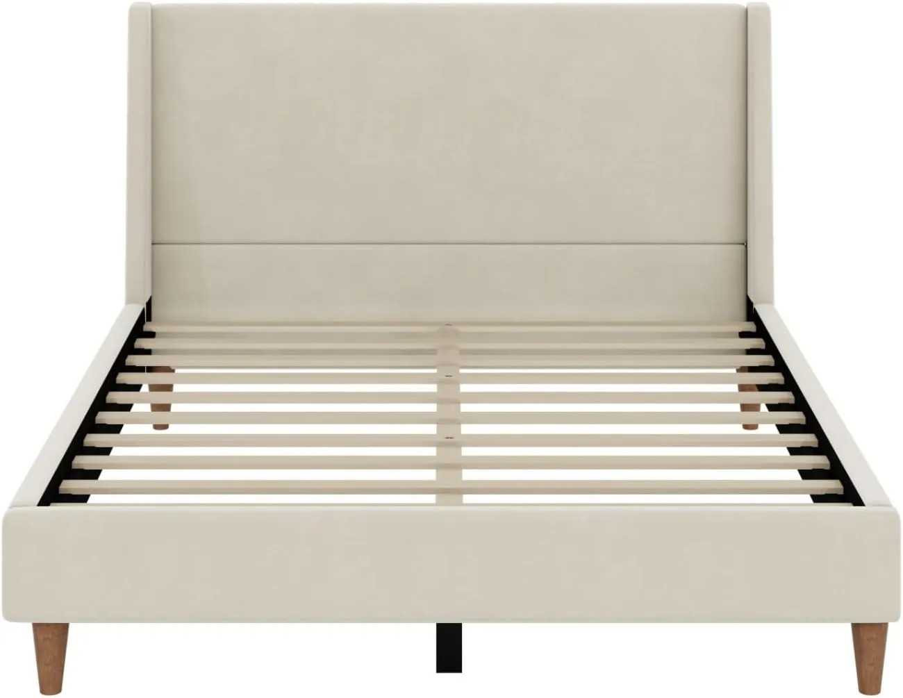 Merax Velvet Queen Size Bed Frame with Wingback Headboard, Solid Wood Upholstered Platform with Round Legs, No Box Spring Needed, Cream