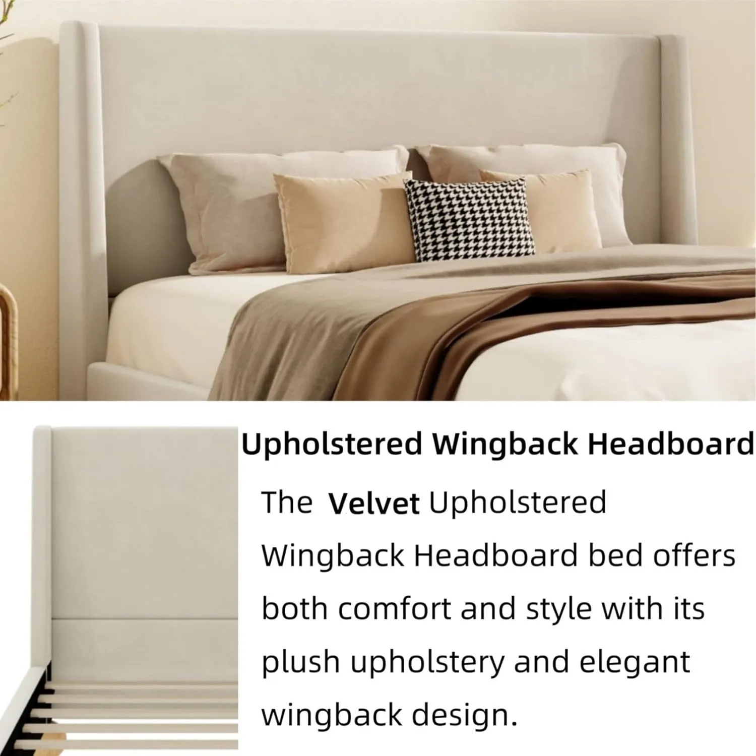 Merax Velvet Queen Size Bed Frame with Wingback Headboard, Solid Wood Upholstered Platform with Round Legs, No Box Spring Needed, Cream