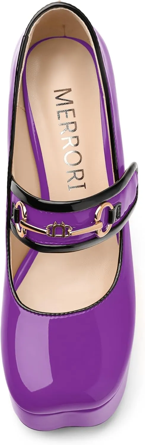 MERRORI Mary Jane Shoes for Women High Chunky Platform Square Toe Heels Patent Leather Fashion Single Strap Dress Wedding Party Pumps Shoes