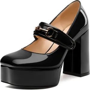 MERRORI Mary Jane Shoes for Women High Chunky Platform Square Toe Heels Patent Leather Fashion Single Strap Dress Wedding Party Pumps Shoes