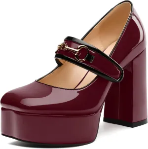 MERRORI Mary Jane Shoes for Women High Chunky Platform Square Toe Heels Patent Leather Fashion Single Strap Dress Wedding Party Pumps Shoes