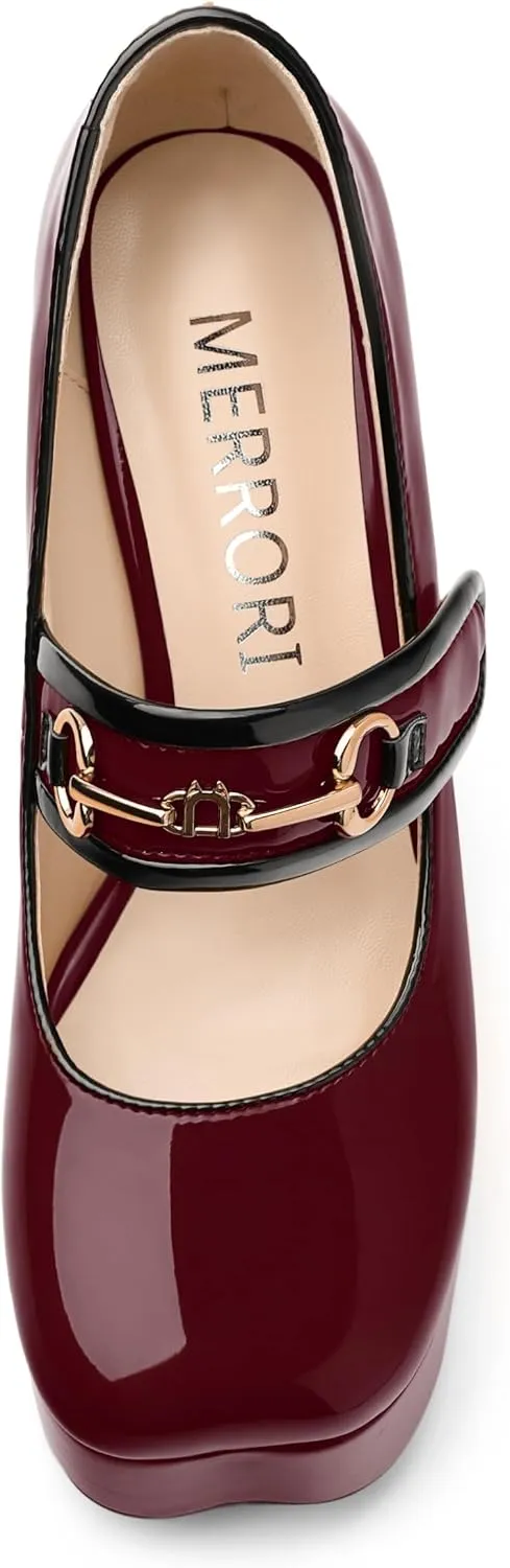 MERRORI Mary Jane Shoes for Women High Chunky Platform Square Toe Heels Patent Leather Fashion Single Strap Dress Wedding Party Pumps Shoes