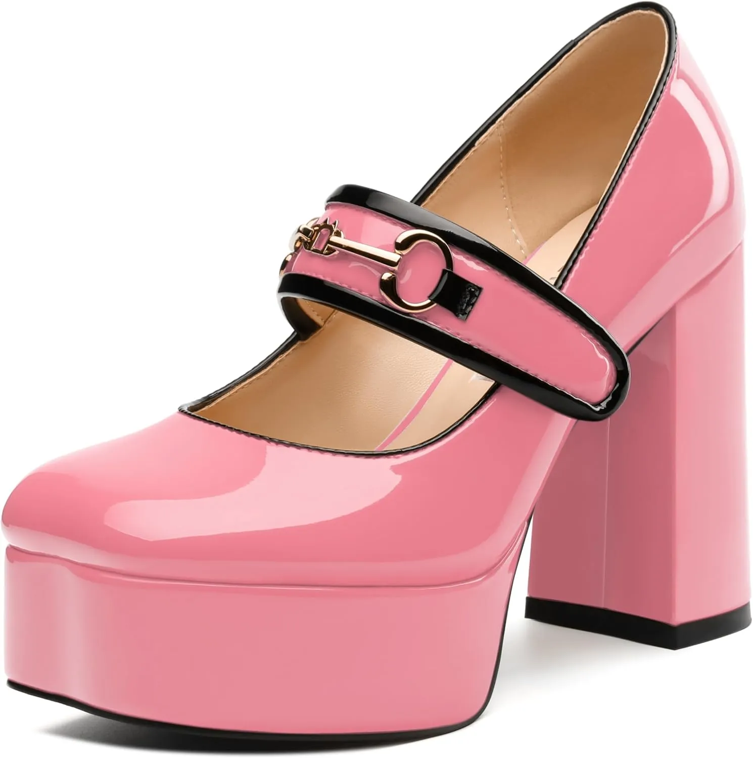 MERRORI Mary Jane Shoes for Women High Chunky Platform Square Toe Heels Patent Leather Fashion Single Strap Dress Wedding Party Pumps Shoes