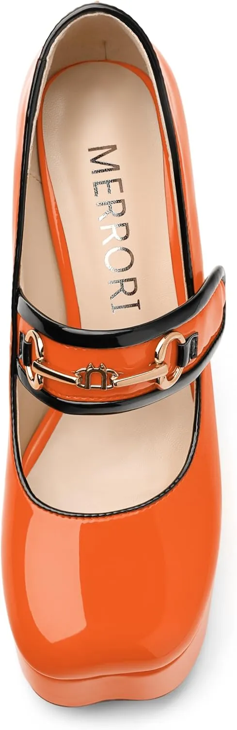 MERRORI Mary Jane Shoes for Women High Chunky Platform Square Toe Heels Patent Leather Fashion Single Strap Dress Wedding Party Pumps Shoes