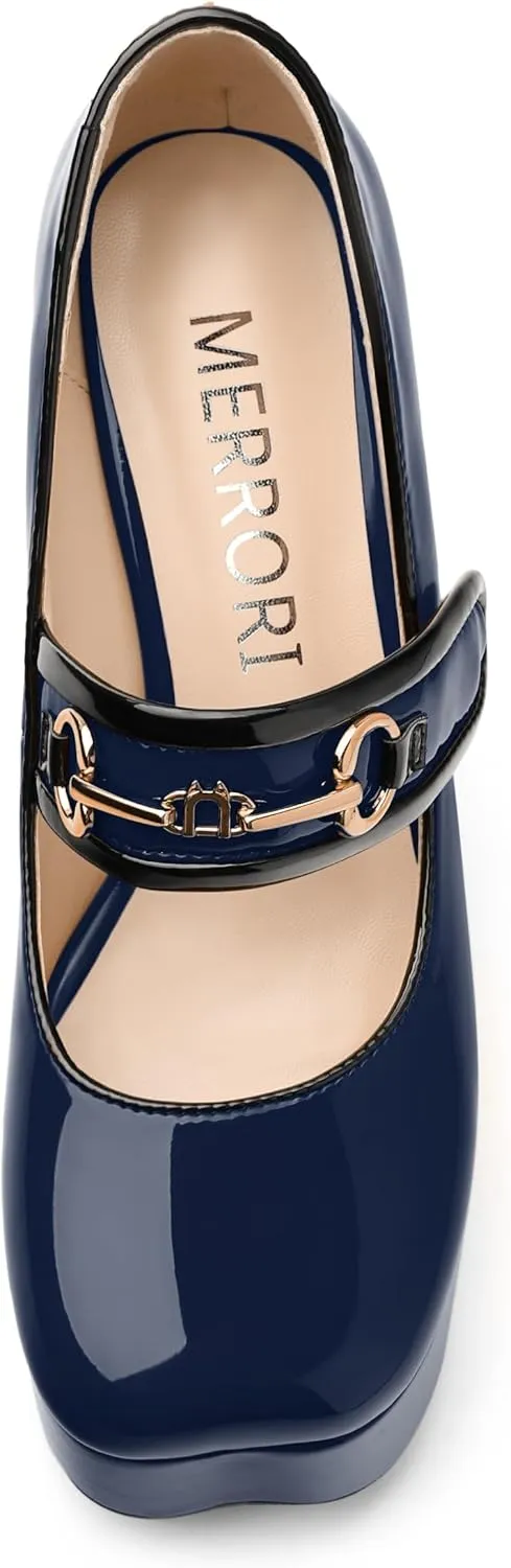 MERRORI Mary Jane Shoes for Women High Chunky Platform Square Toe Heels Patent Leather Fashion Single Strap Dress Wedding Party Pumps Shoes