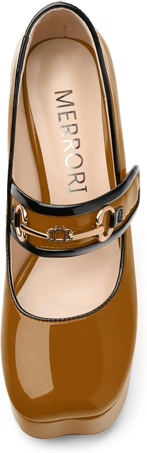 MERRORI Mary Jane Shoes for Women High Chunky Platform Square Toe Heels Patent Leather Fashion Single Strap Dress Wedding Party Pumps Shoes